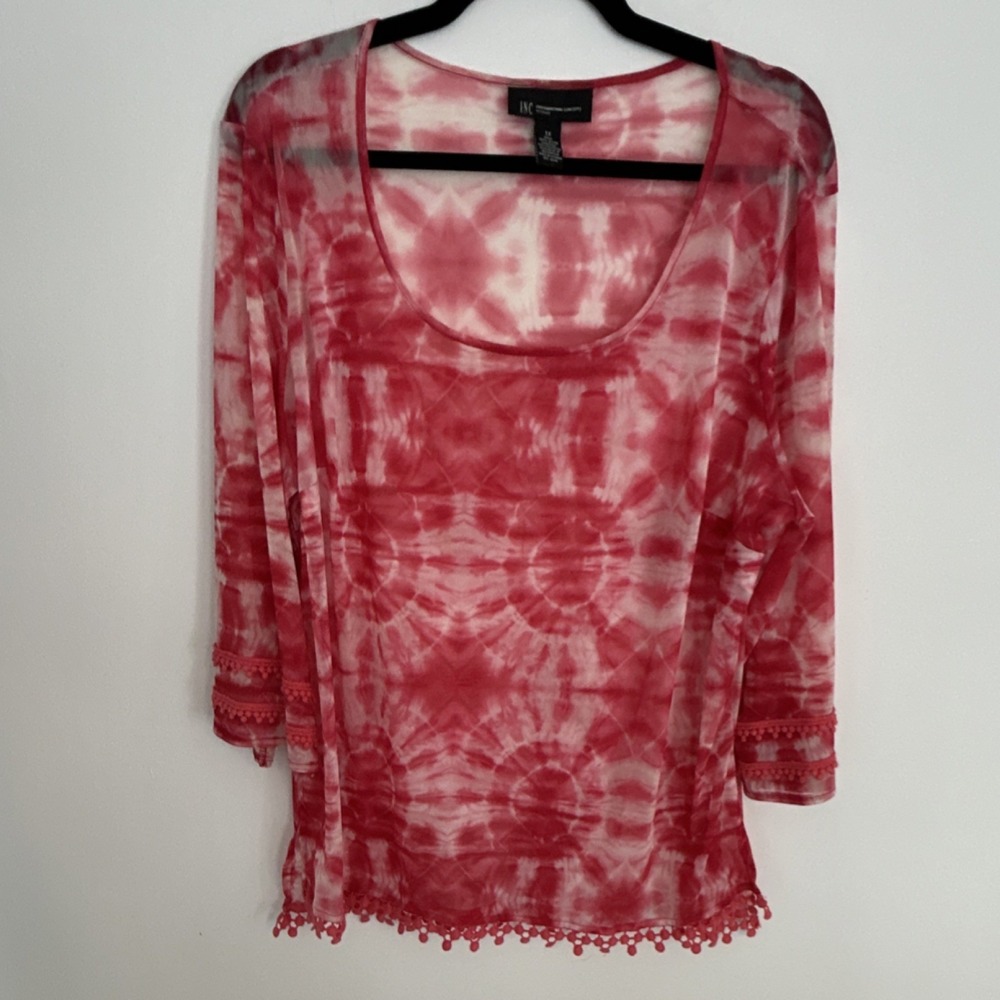 INC International Concepts Red Tie Dye‎ Sheer Tunic Blouse 1X Pom Pom Trim
